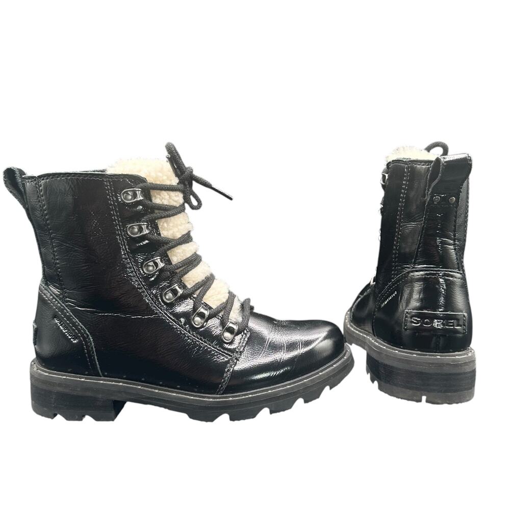 Sorel Emelie Lace Premium Black Leather Waterproof Boots 6.5 Shearling